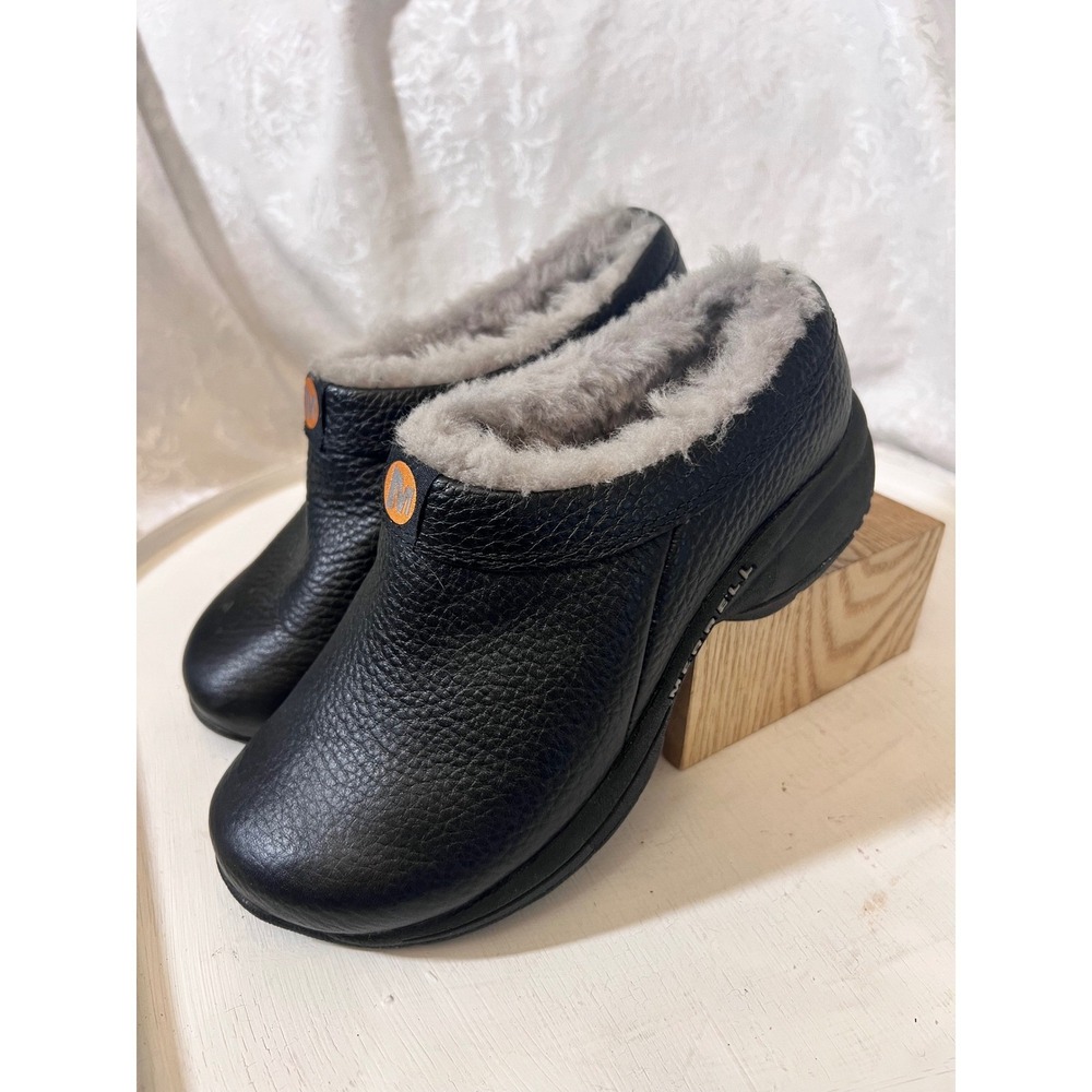 Merrell Primo Chill Slide Black Smooth Leather Faux Fur Lined Clog Women 5 63196
